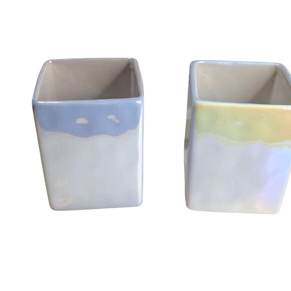 Rae Dunn Wake Up Make Up Brush Holder Set Square Ceramic Iridescent - Picture 3 of 6